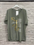 ZOT031KH Gold Foil V-Neck Cotton T-Shirt Khaki