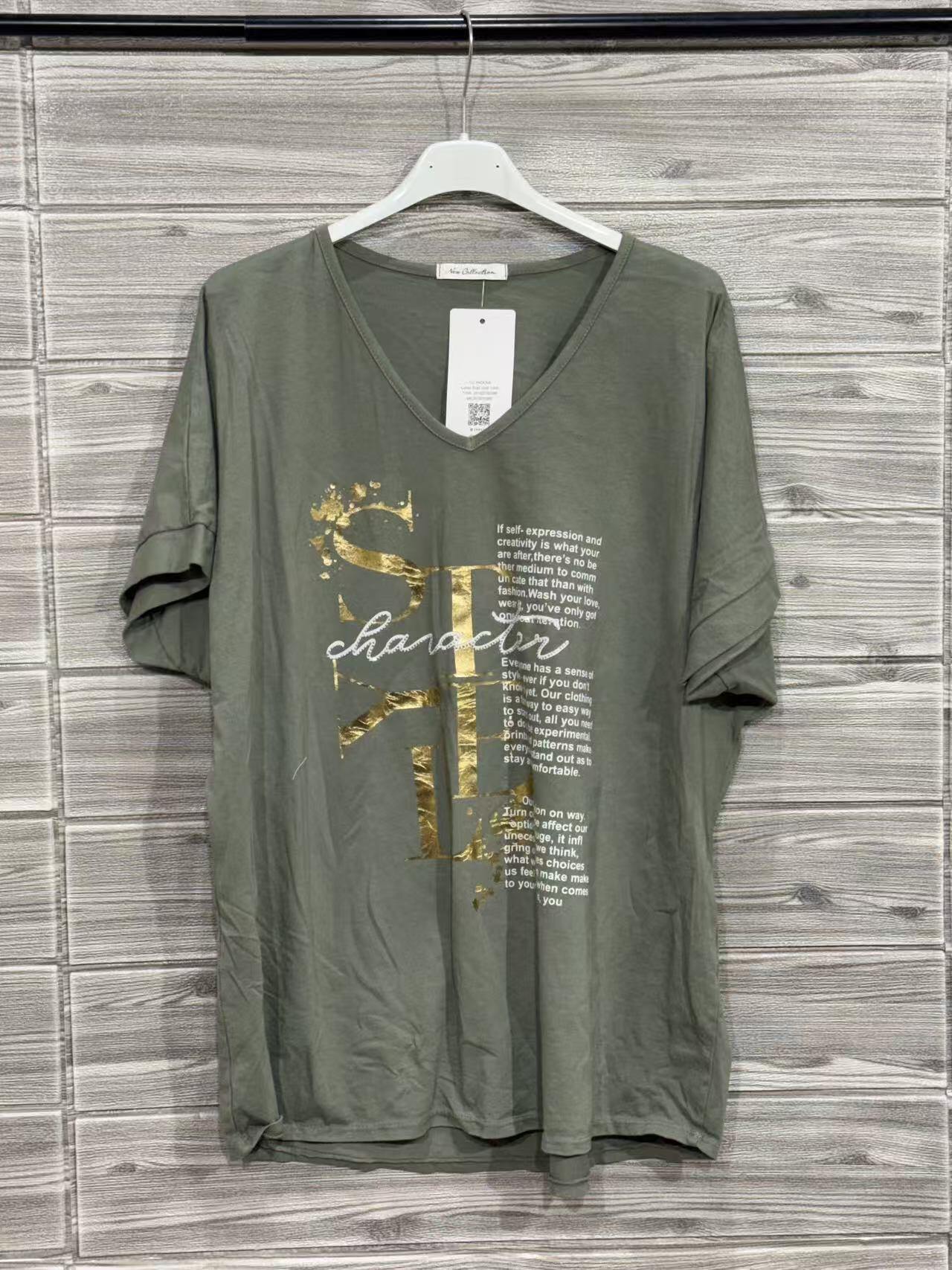 ZOT031KH Gold Foil V-Neck Cotton T-Shirt Khaki