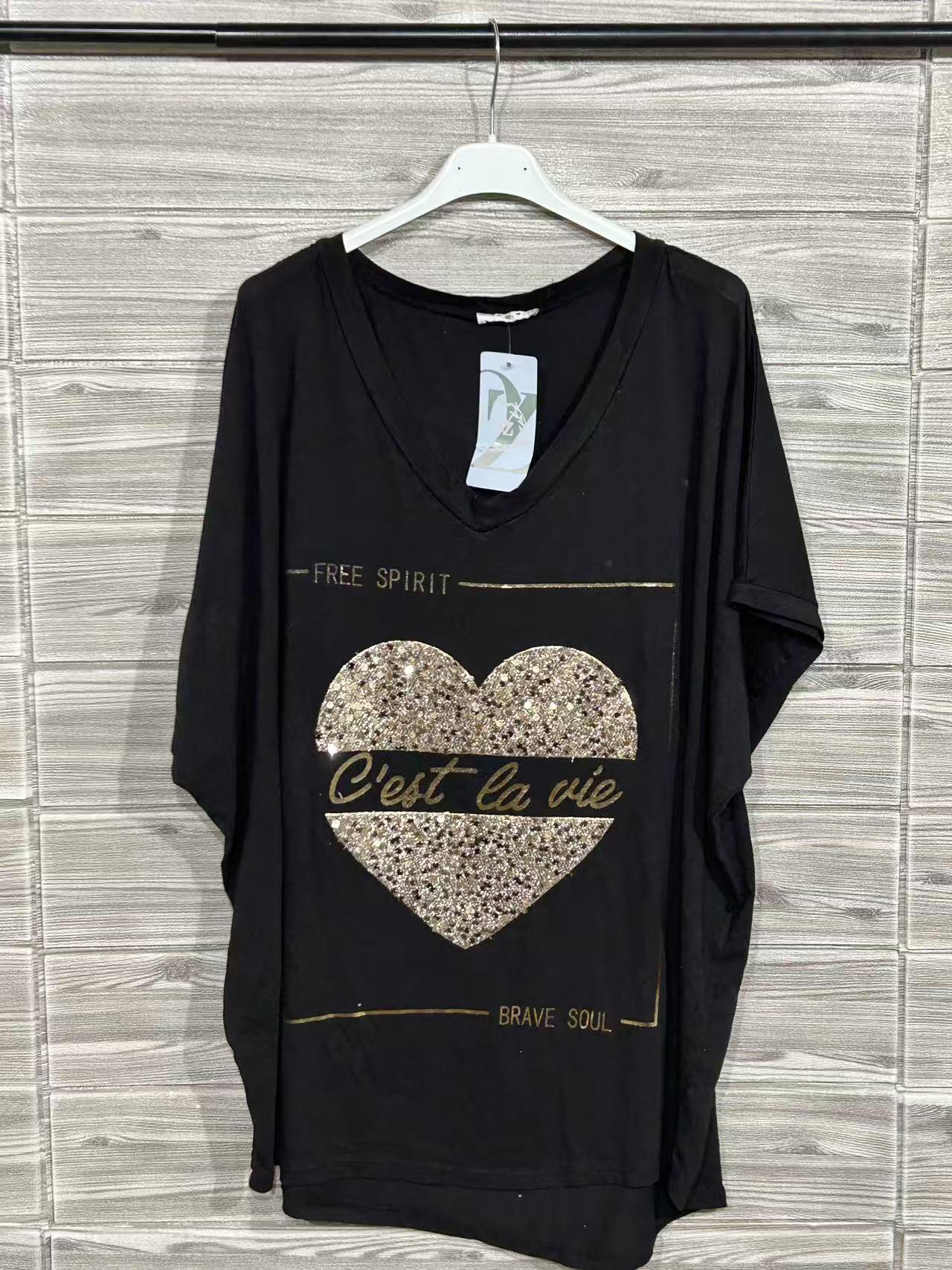 ZOT033BK Leopard Heart Cotton T-Shirt Black