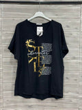 ZOT031BK Gold Foil V-Neck Cotton T-Shirt Black