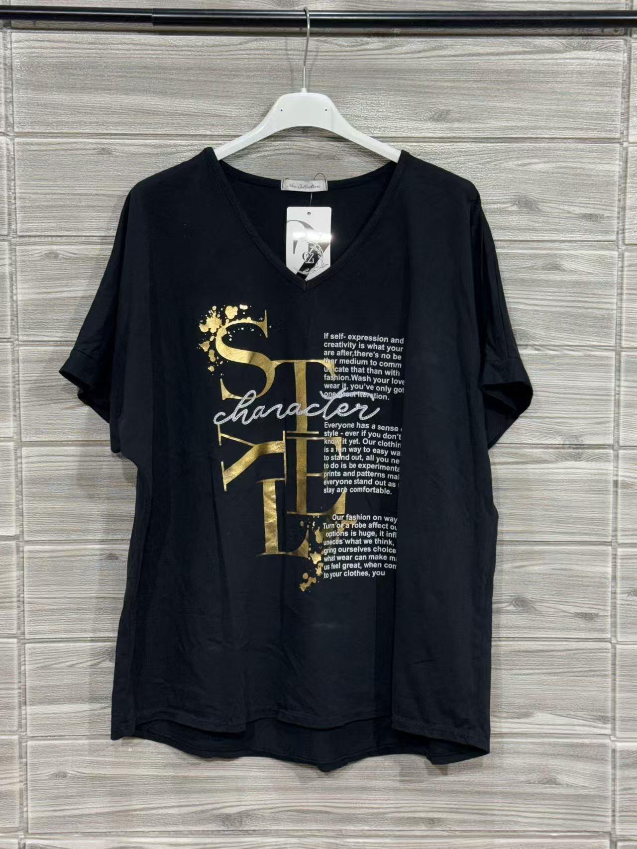 ZOT031BK Gold Foil V-Neck Cotton T-Shirt Black