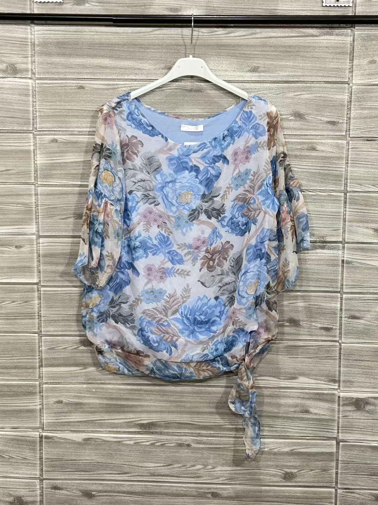 ZOT041SB Painted Floral Cotton Top Sky Blue