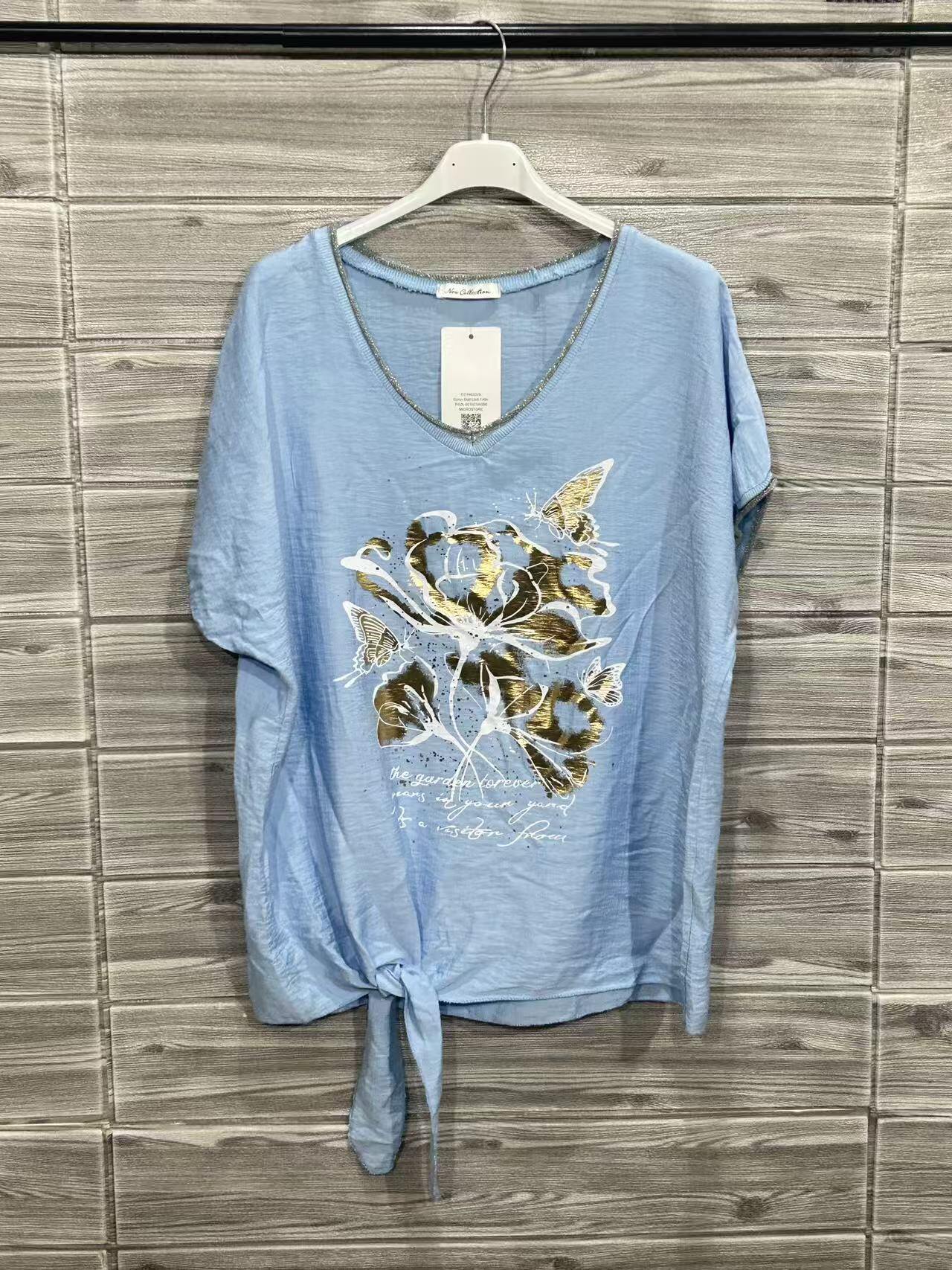 ZOT038SB Butterfly Tied Cotton T-Shirt Sky Blue