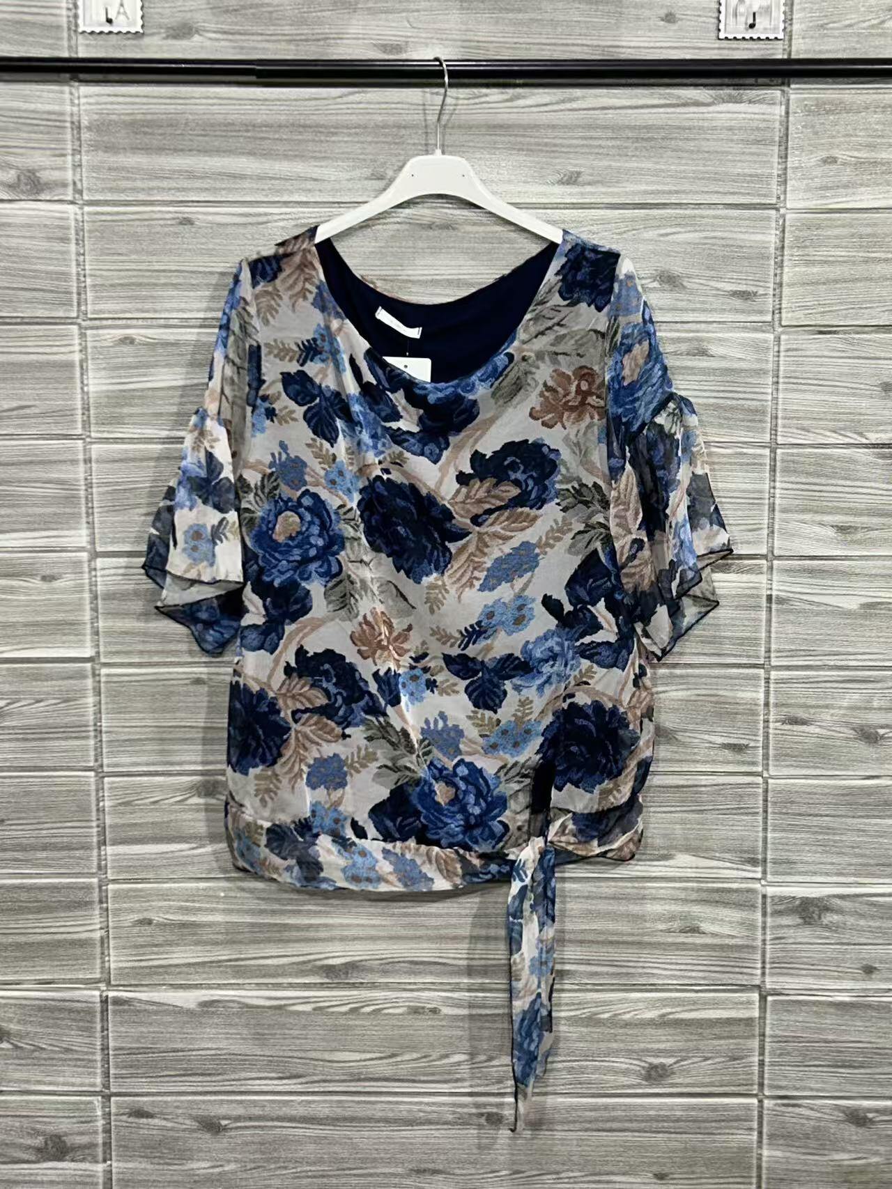 ZOT041DB Painted Floral Cotton Top Dark Blue