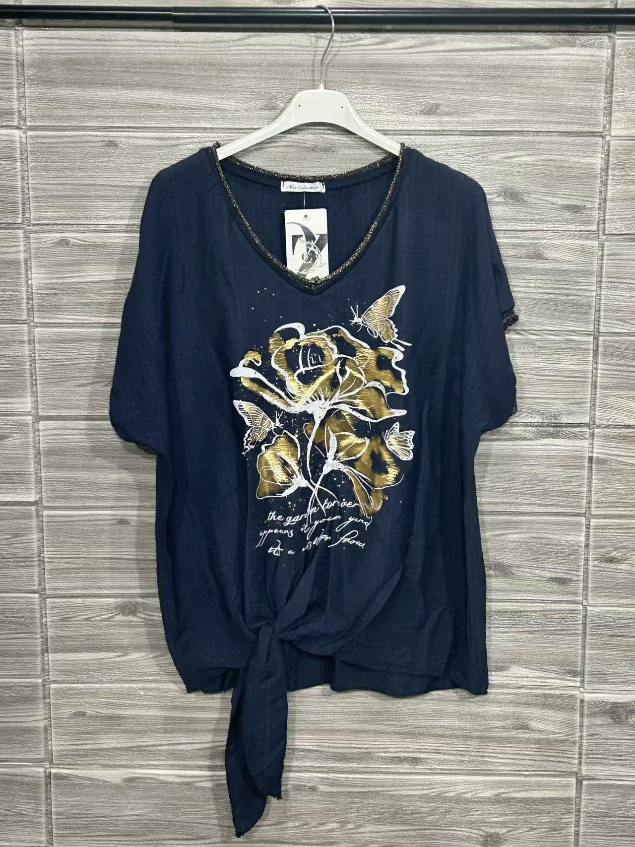 ZOT038DB Butterfly Tied Cotton T-Shirt Dark Blue