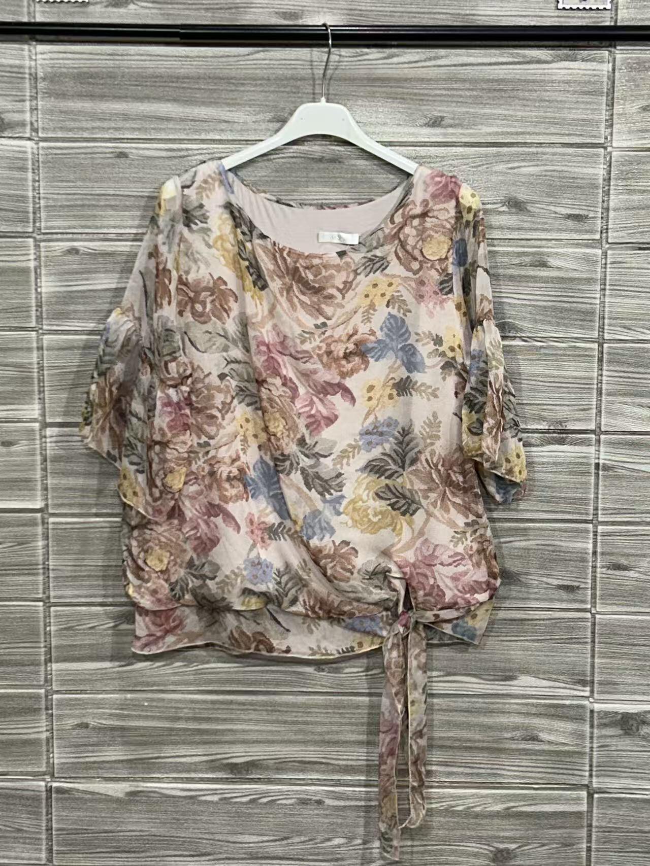 ZOT041EC Painted Floral Cotton Top Ecru