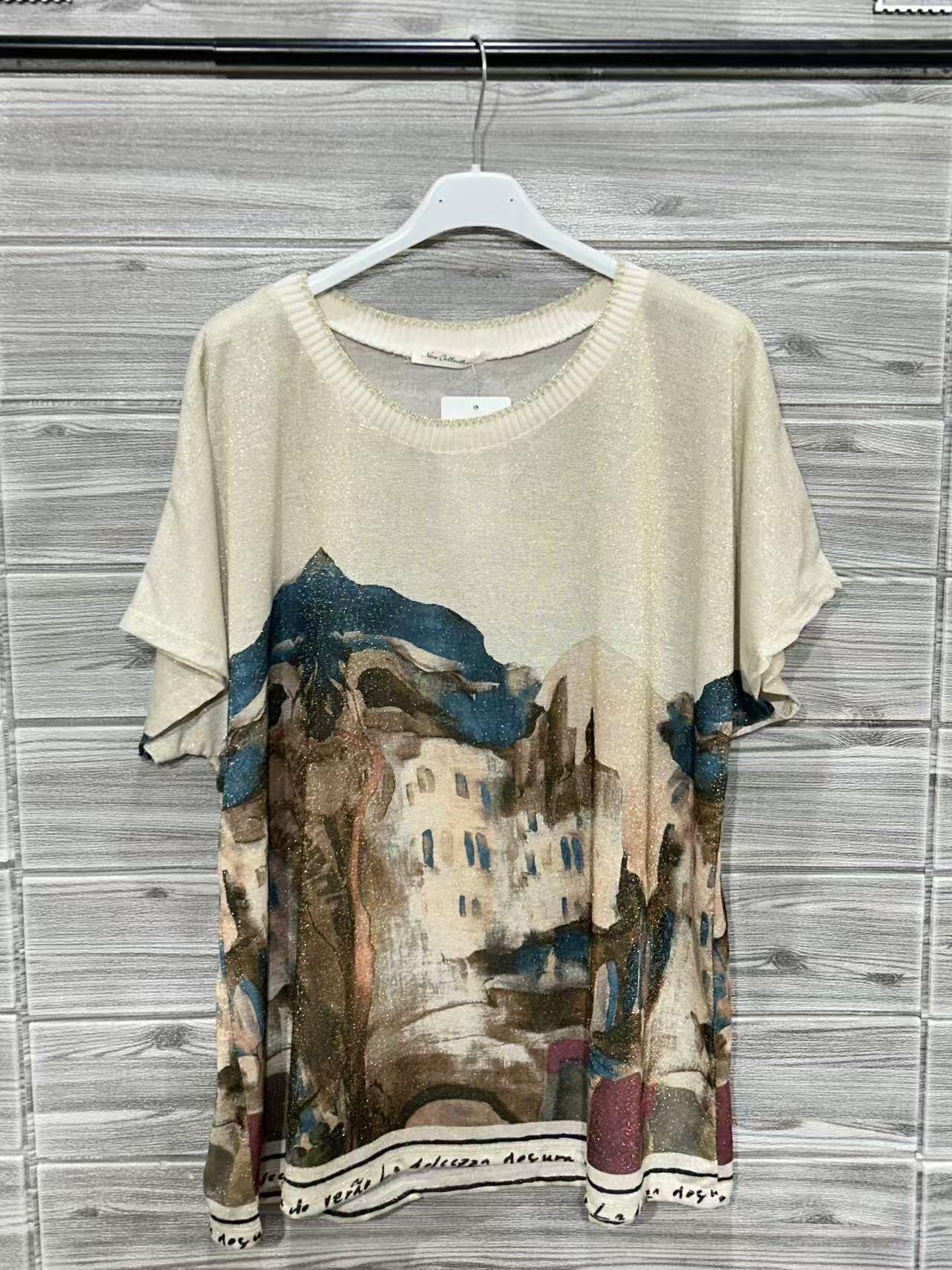 ZOT035EC Equestrian Print Cotton T-Shirt Ecru