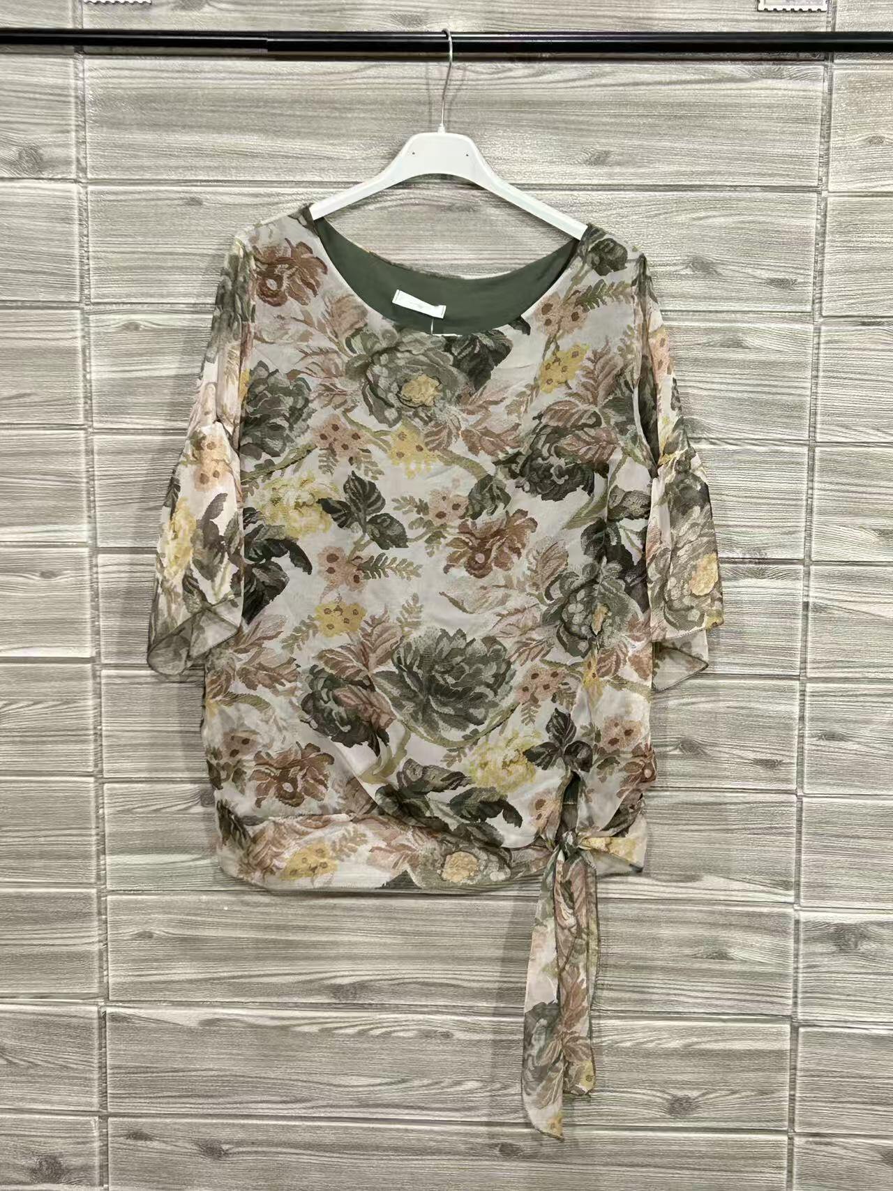 ZOT041KH Painted Floral Cotton Top Khaki