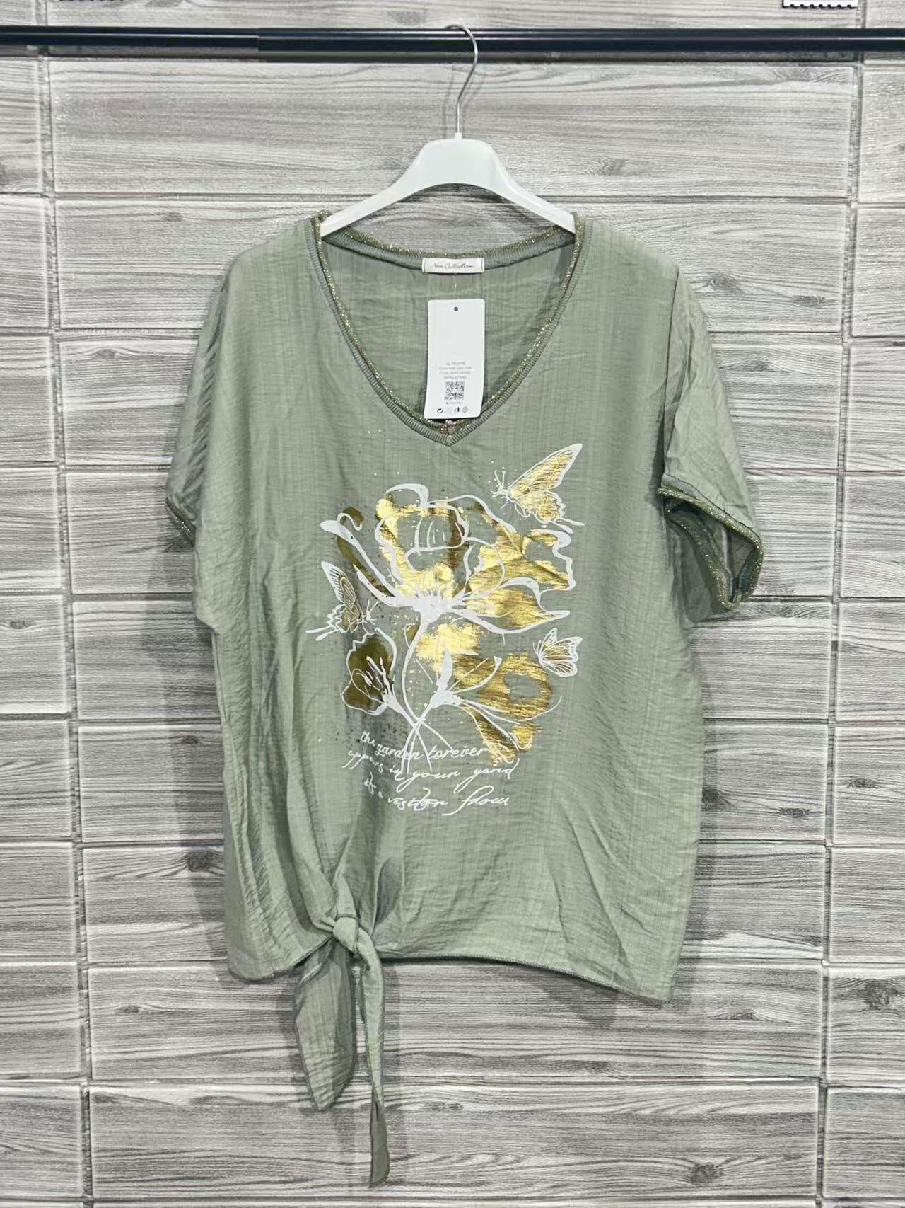 ZOT038KH Butterfly Tied Cotton T-Shirt Khaki