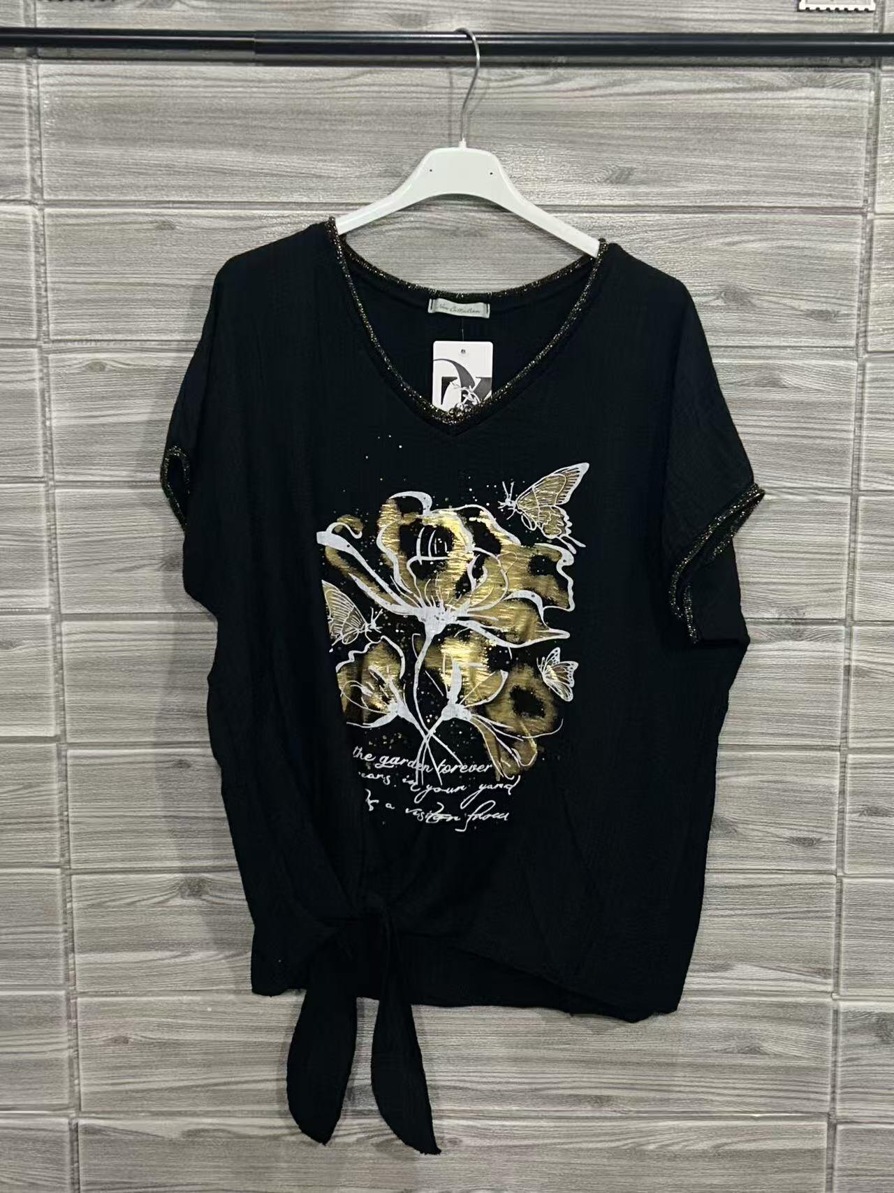 ZOT038BK Butterfly Tied Cotton T-Shirt Black