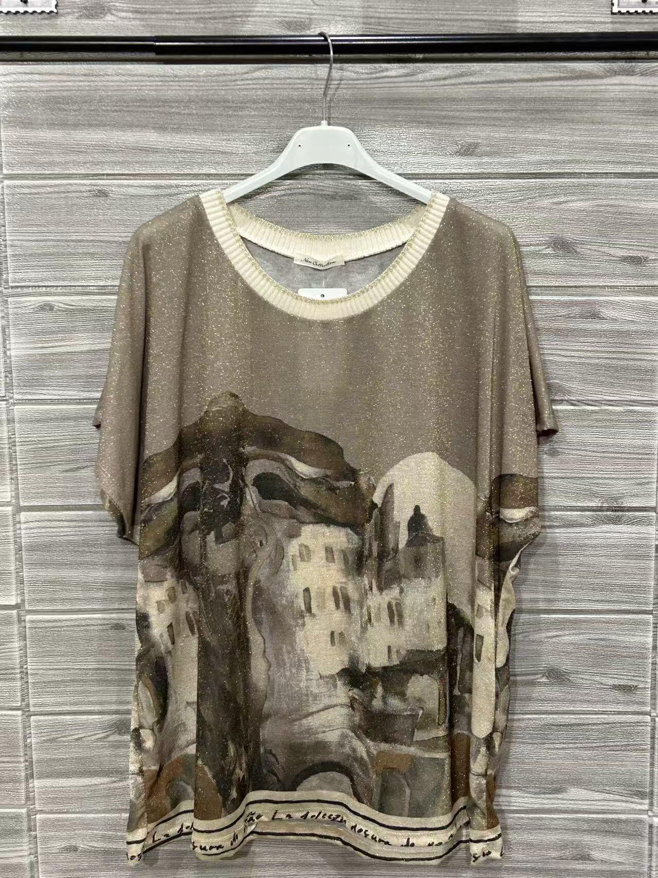 ZOT035TP Equestrian Print Cotton T-Shirt Taupe