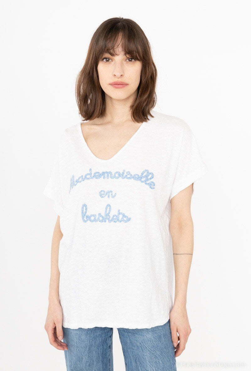 MYMEBFFOR T-shirt "Mademoiselle en baskets" Flocked White Background Orange