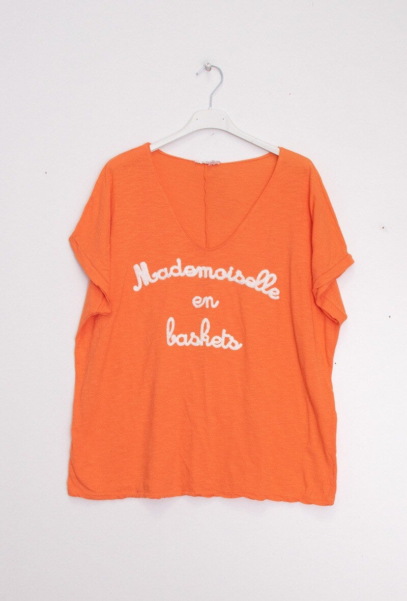 MYMEBFOR T-shirt "Mademoiselle en baskets" Flocked Orange