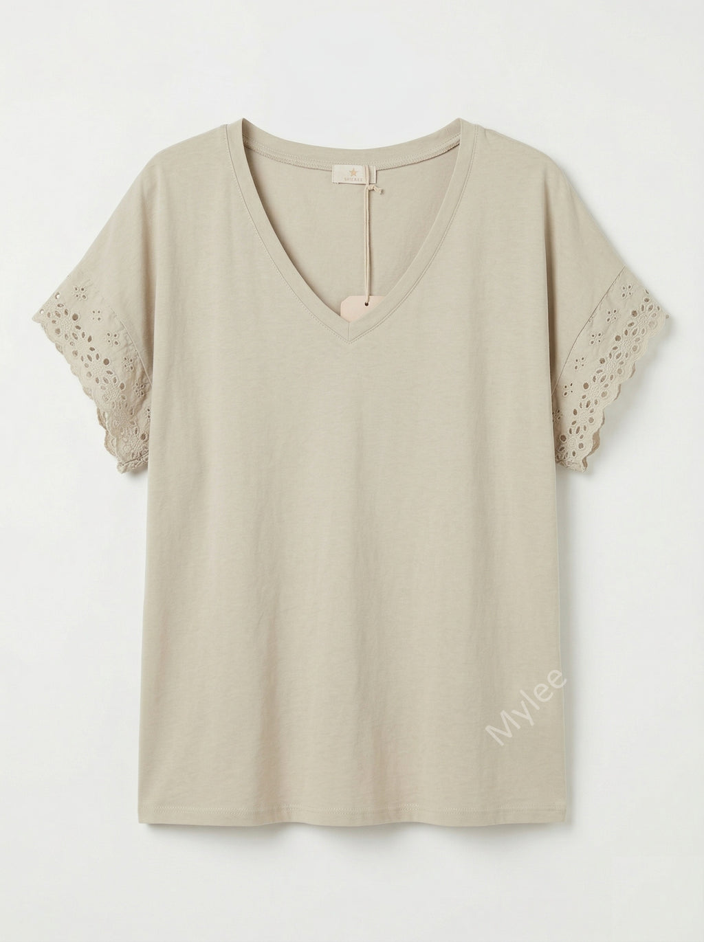 MYELSBG T-shirt with English Lace Sleeves Beige