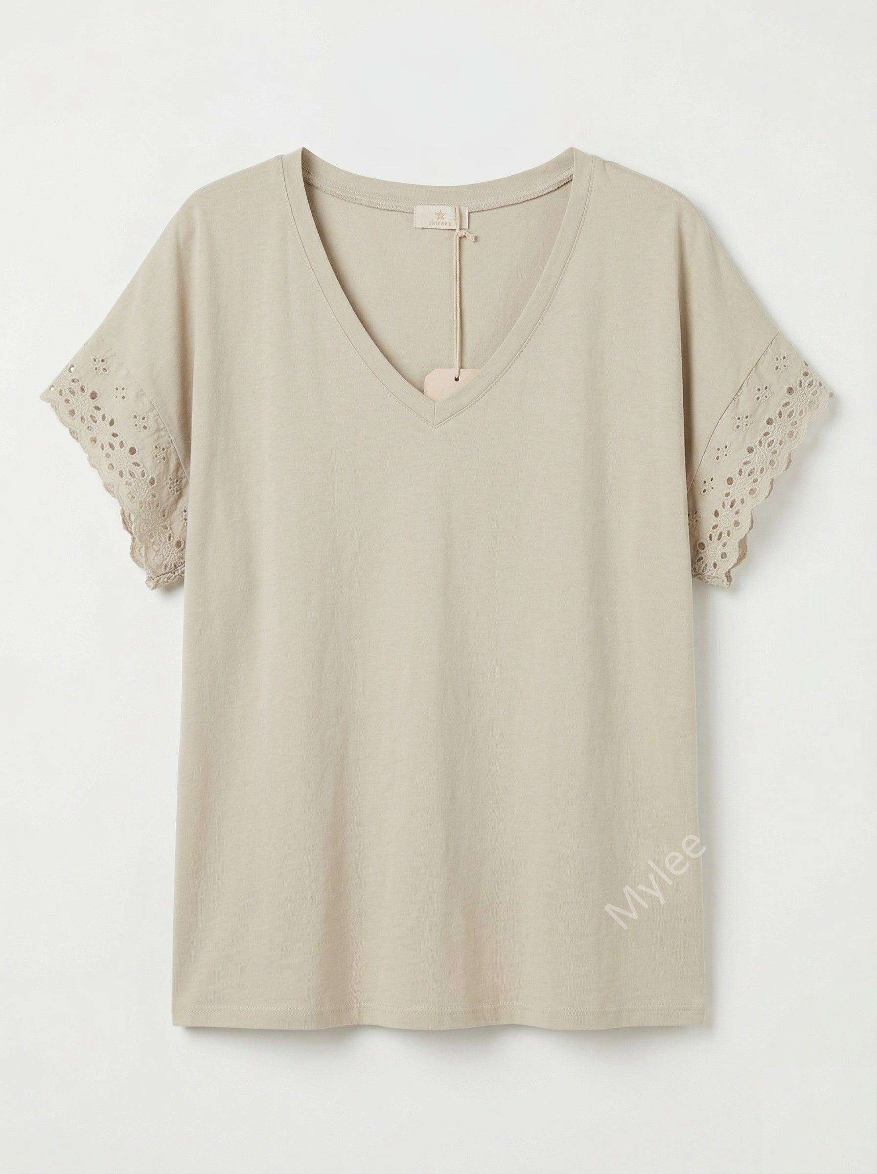 MYELSBG T-shirt with English Lace Sleeves Beige