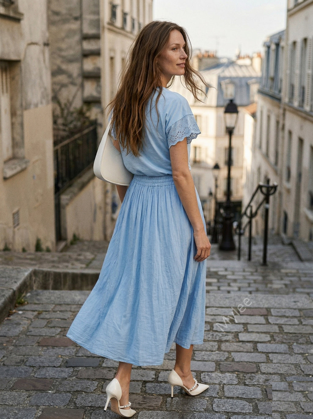 MYELSSB T-shirt with English Lace Sleeves Sky Blue