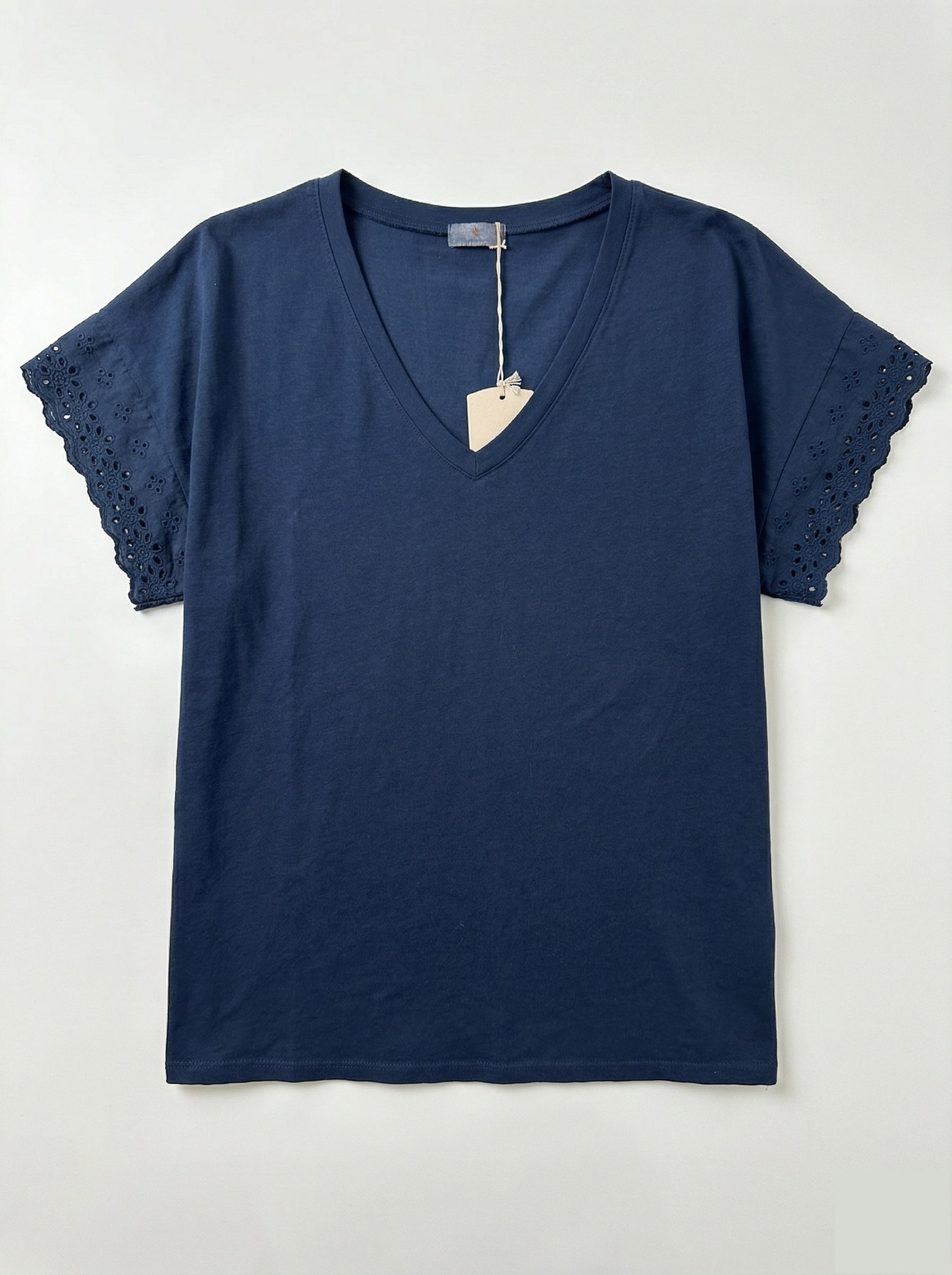 MYELSNV T-shirt with English Lace Sleeves Navy