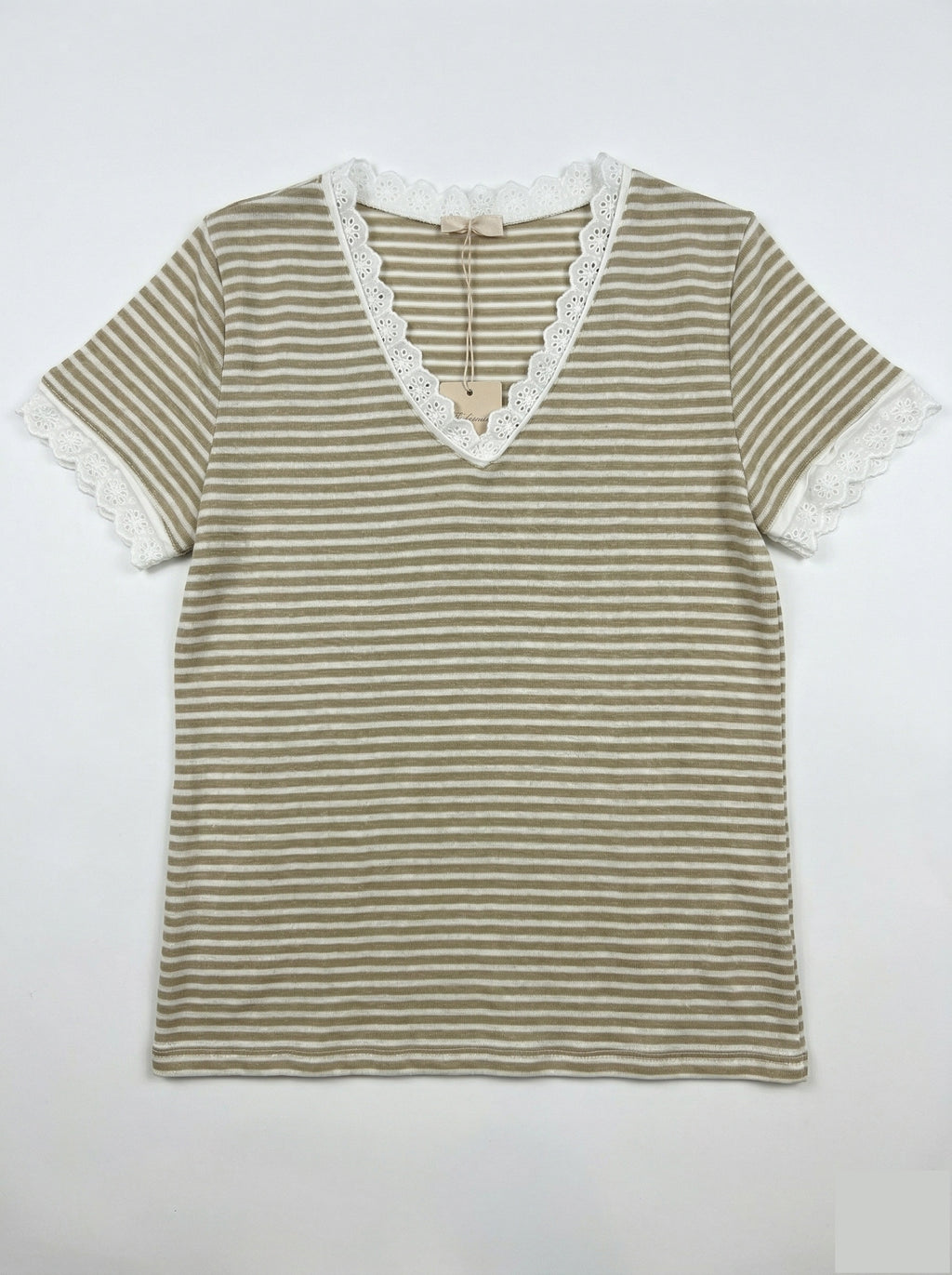 MYSVLBG Striped V-Neck Lace T-shirt Beige