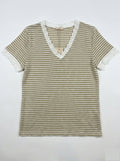 MYSVLBG Striped V-Neck Lace T-shirt Beige