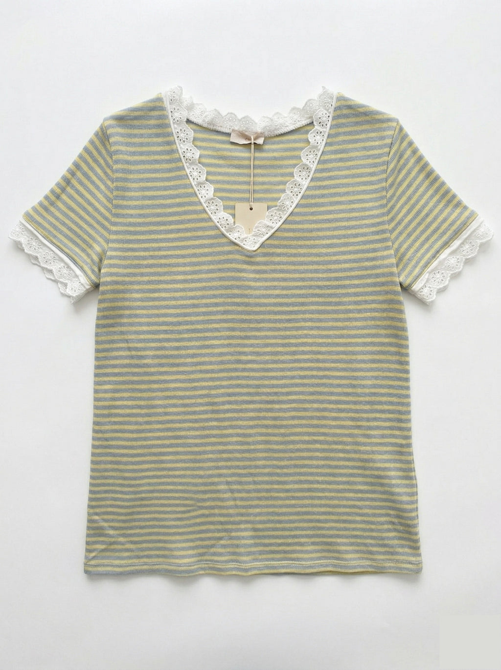 MYSVLSB Striped V-Neck Lace T-shirt Sky Blue