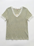 MYSVLSB Striped V-Neck Lace T-shirt Sky Blue