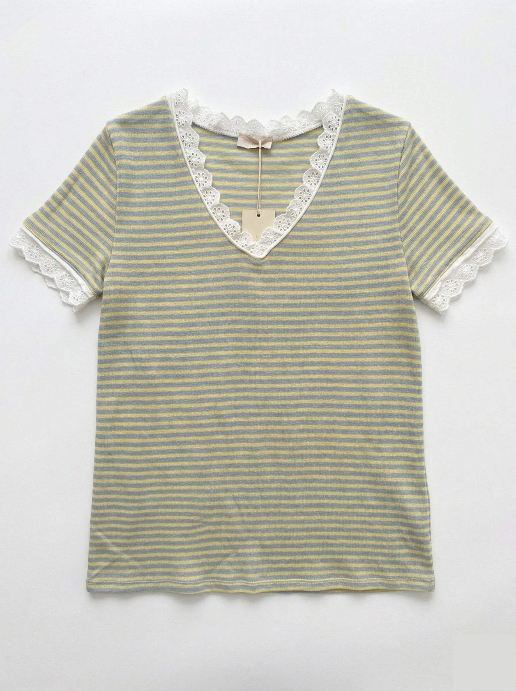 MYSVLSB Striped V-Neck Lace T-shirt Sky Blue