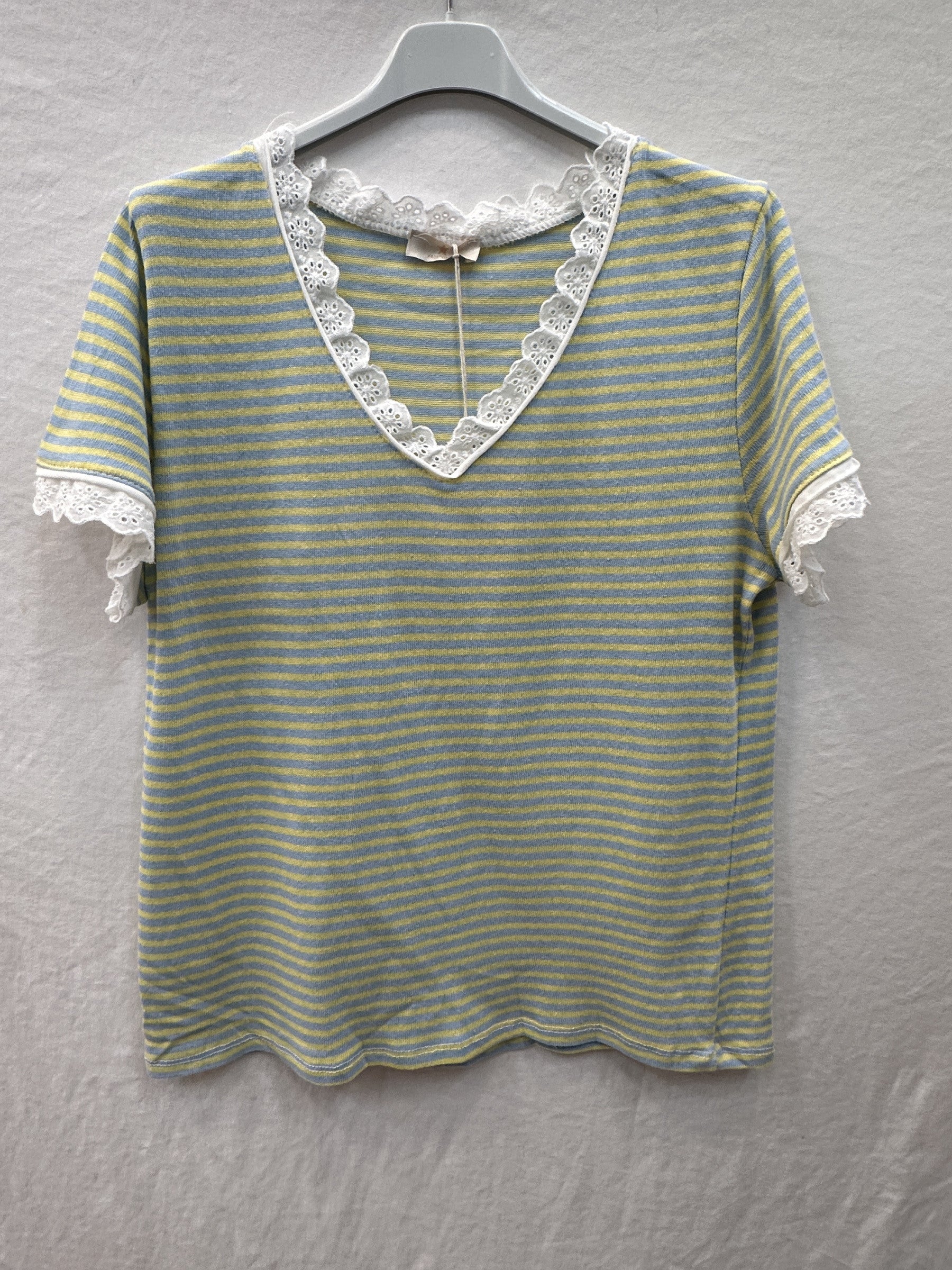 MYSVLSB Striped V-Neck Lace T-shirt Sky Blue