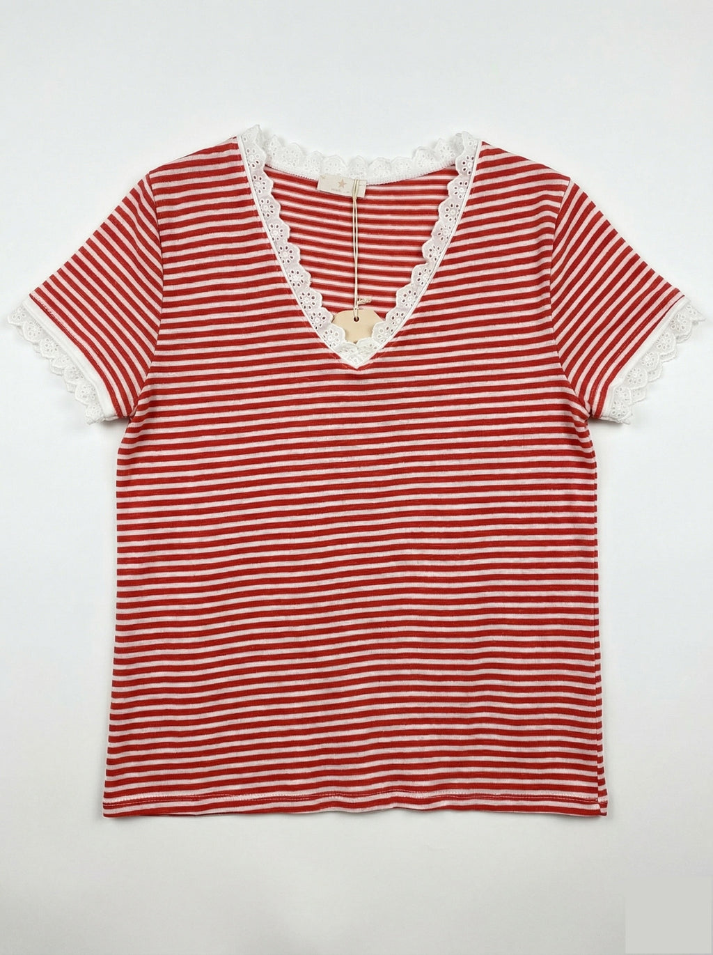 MYSVLCR Striped V-Neck Lace T-shirt Coral