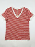 MYSVLCR Striped V-Neck Lace T-shirt Coral