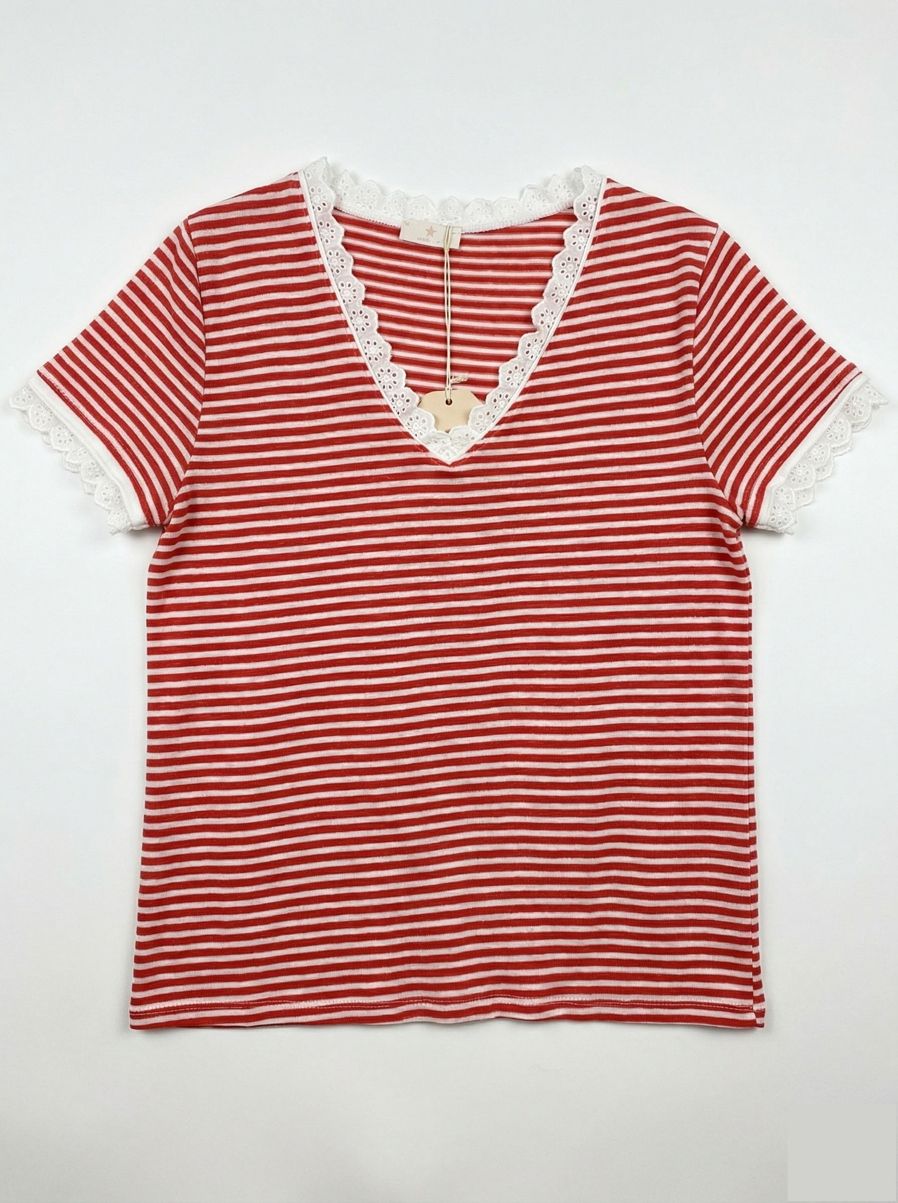 MYSVLCR Striped V-Neck Lace T-shirt Coral