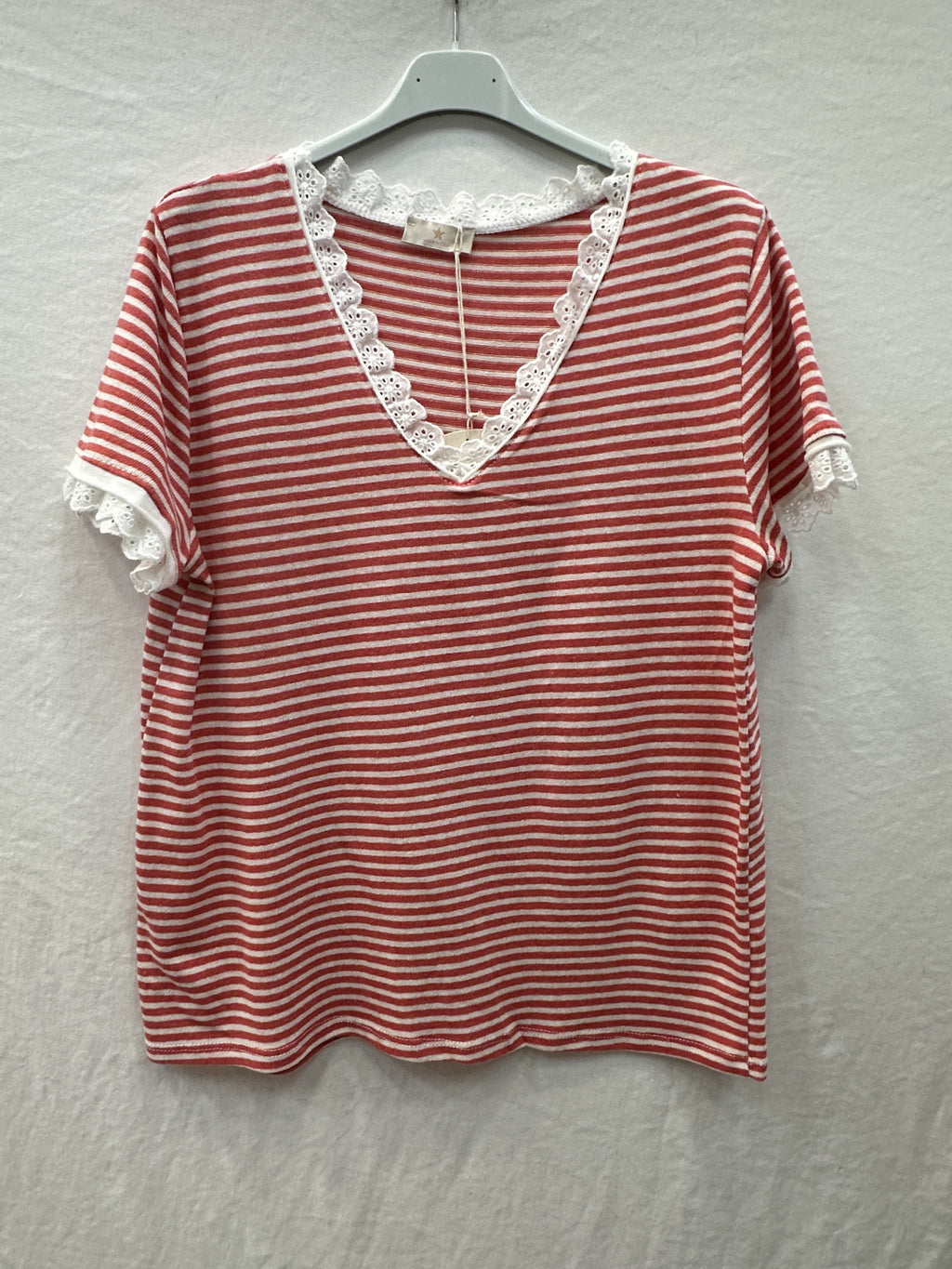 MYSVLCR Striped V-Neck Lace T-shirt Coral