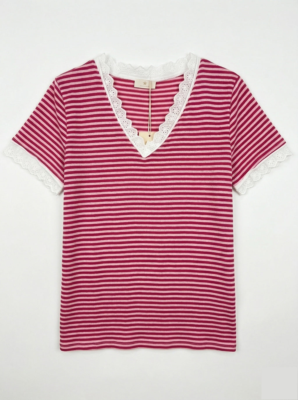 MYSVLFU Striped V-Neck Lace T-shirt Fuchsia