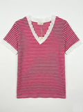 MYSVLFU Striped V-Neck Lace T-shirt Fuchsia
