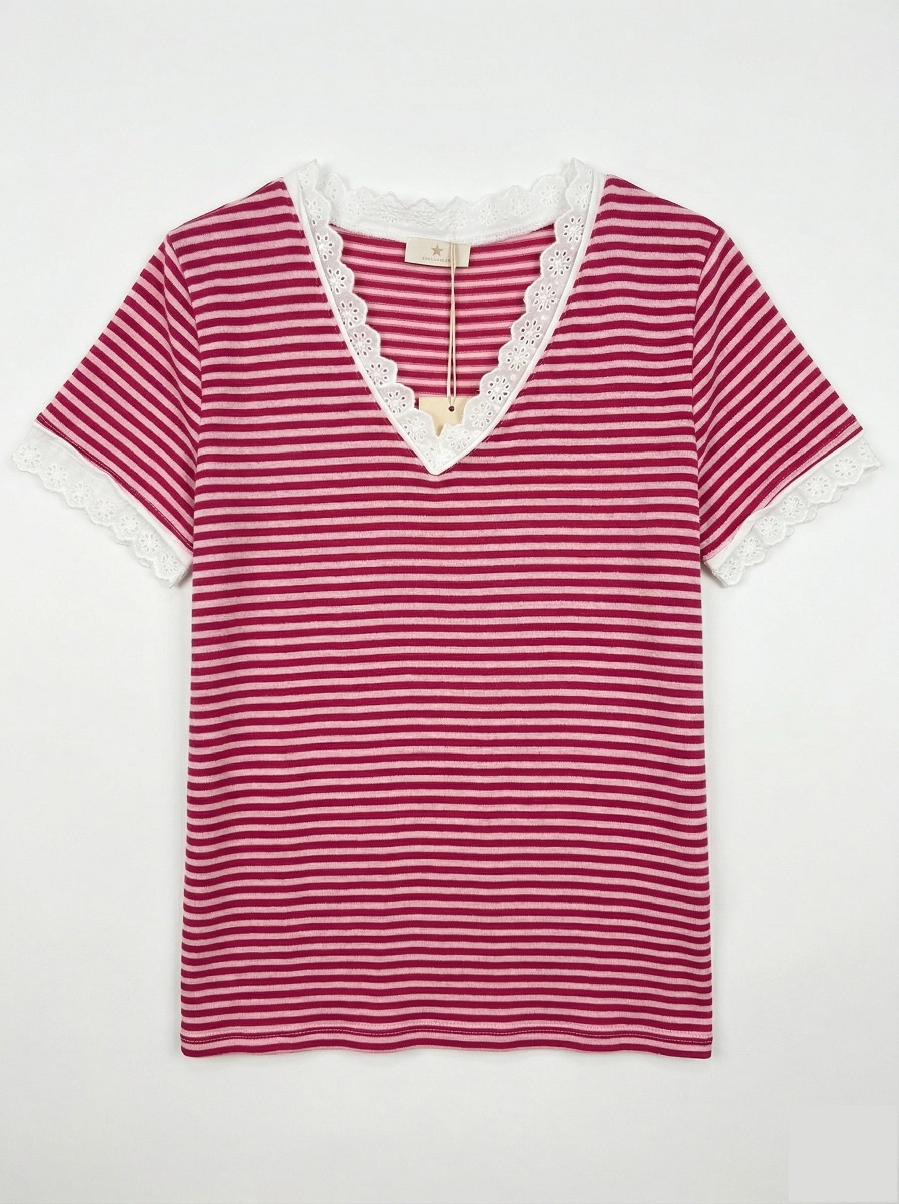 MYSVLFU Striped V-Neck Lace T-shirt Fuchsia