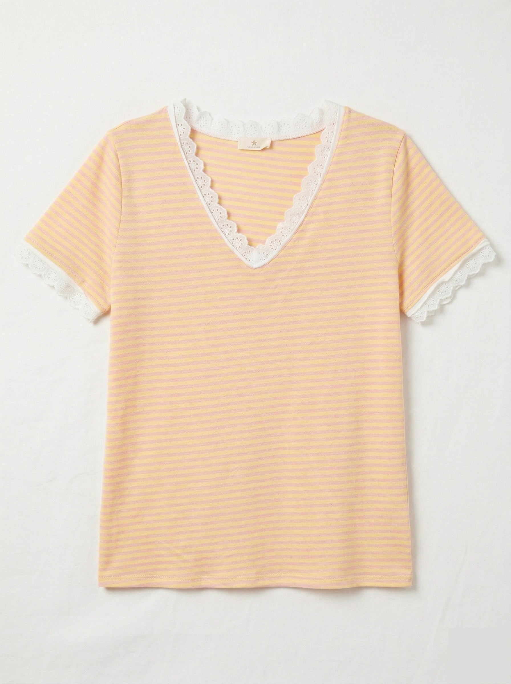 MYSVLLY Striped V-Neck Lace T-shirt Light Yellow
