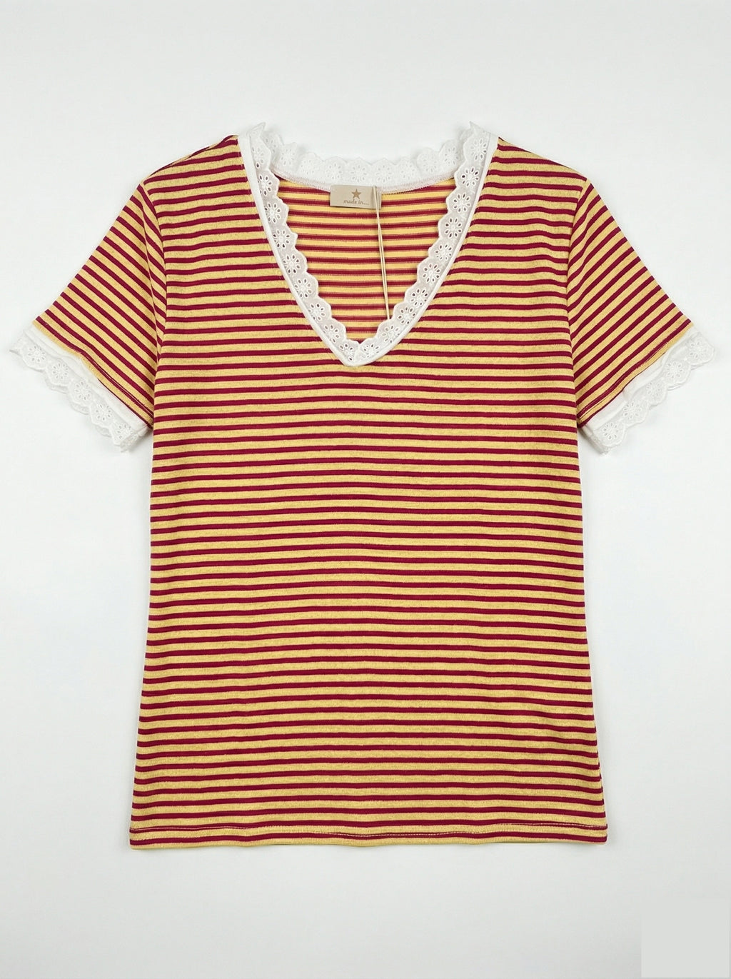 MYSVLY Striped V-Neck Lace T-shirt Yellow