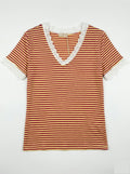 MYSVLY Striped V-Neck Lace T-shirt Yellow
