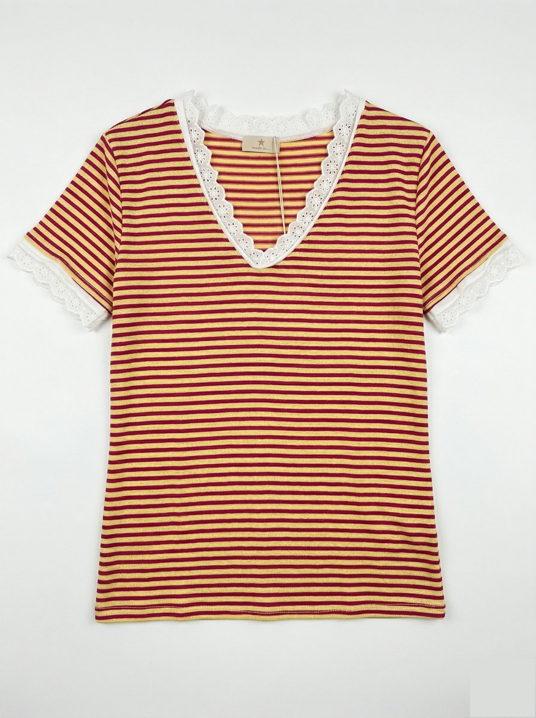 MYSVLY Striped V-Neck Lace T-shirt Yellow