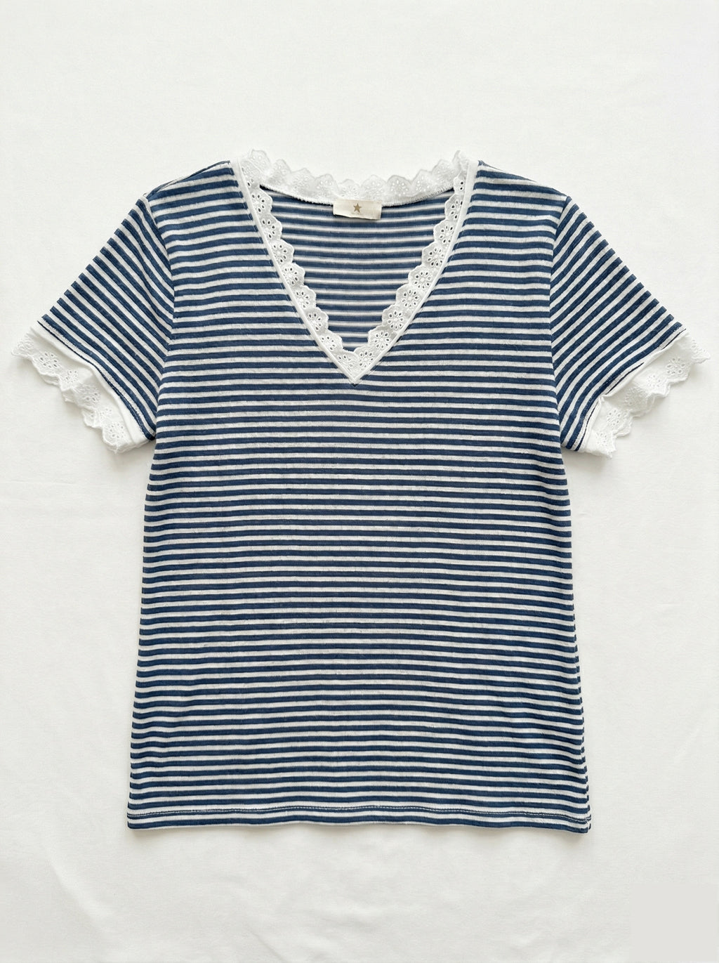 MYSVLJN Striped V-Neck Lace T-shirt Jeans