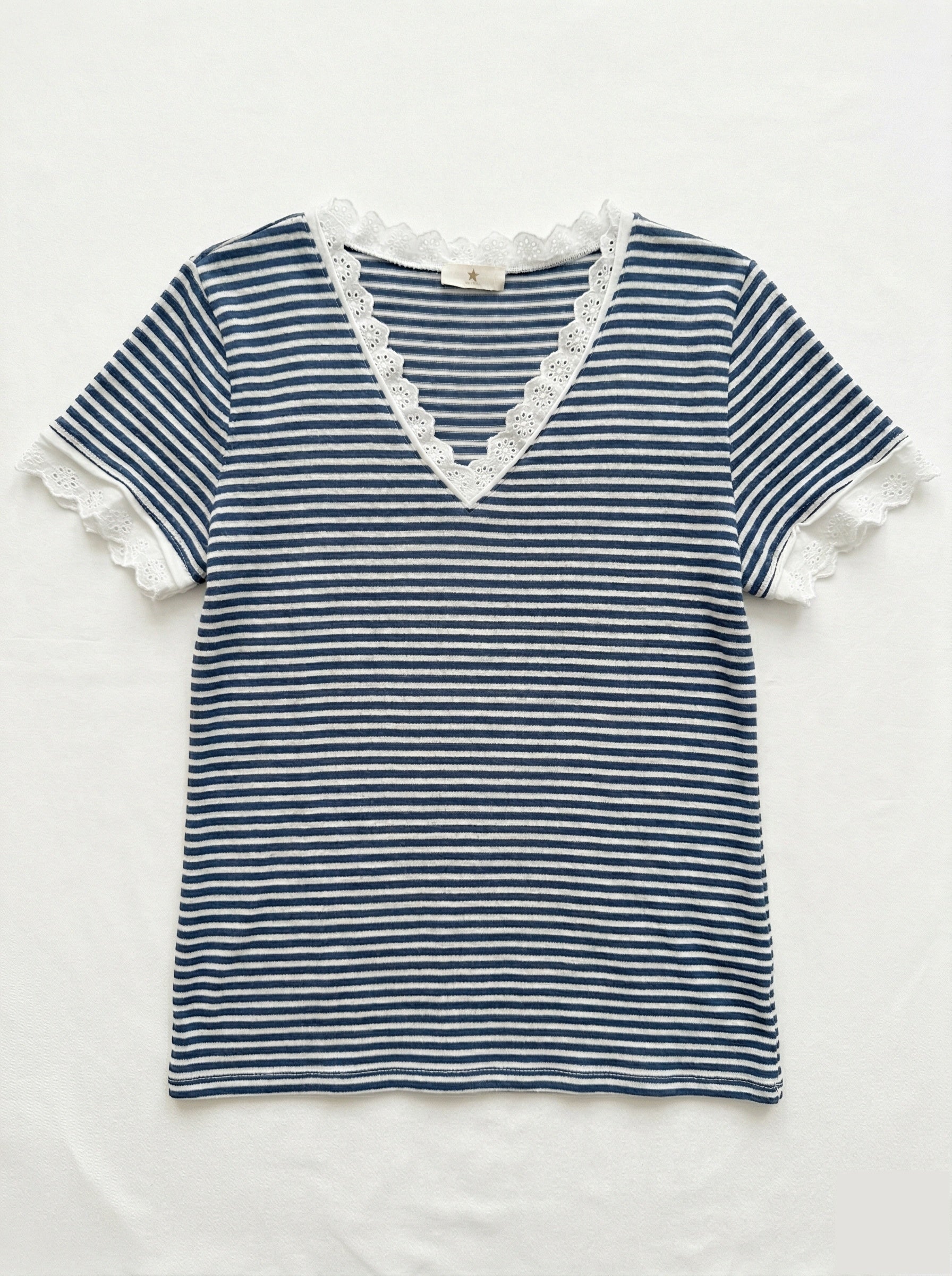 MYSVLJN Striped V-Neck Lace T-shirt Jeans