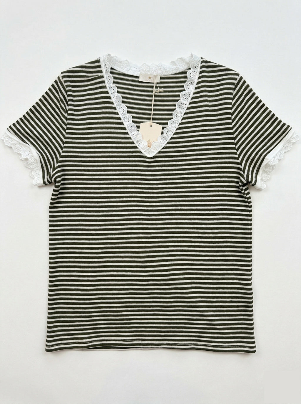MYSVLKK Striped V-Neck Lace T-shirt Kaki
