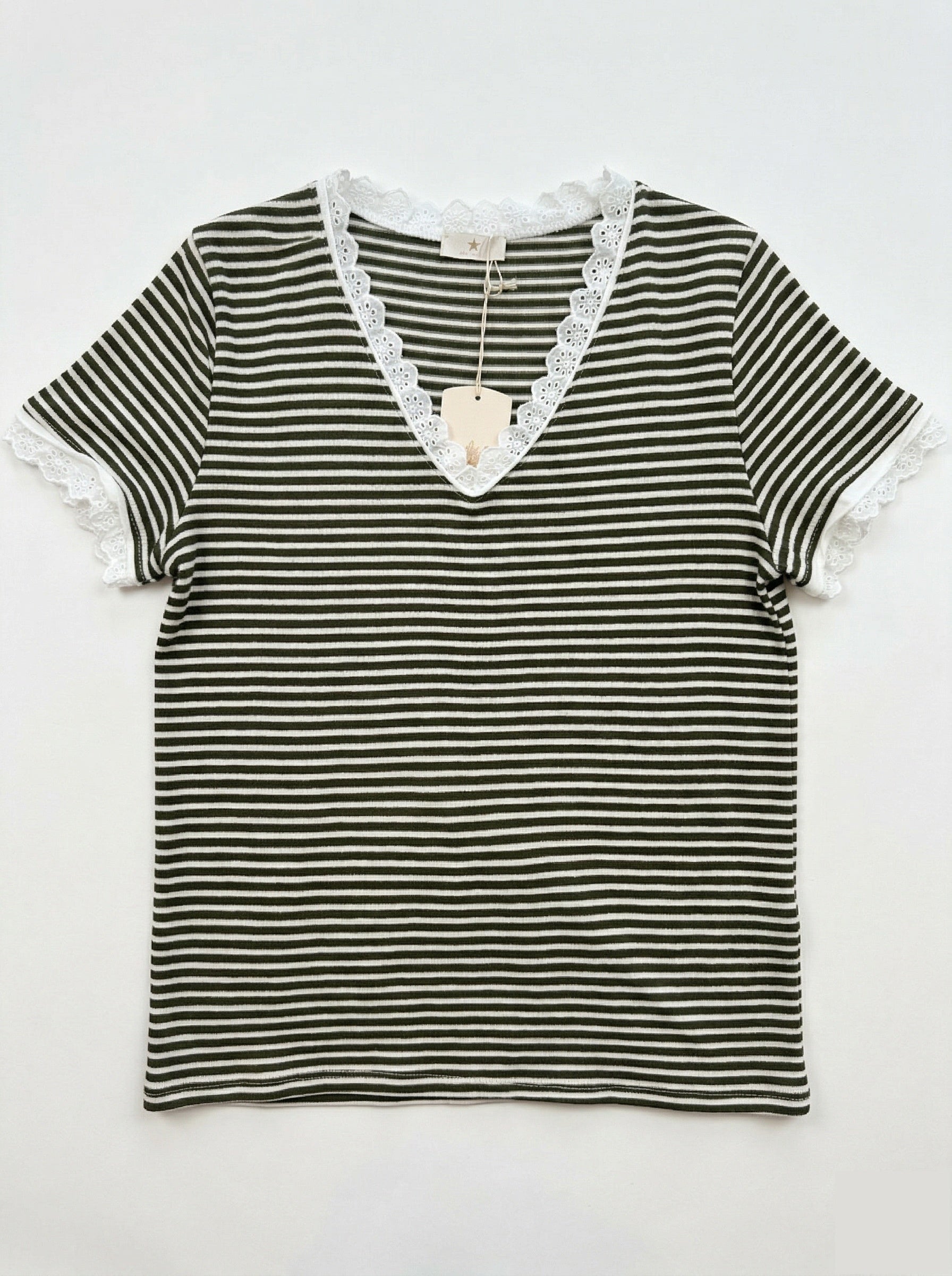 MYSVLKK Striped V-Neck Lace T-shirt Kaki