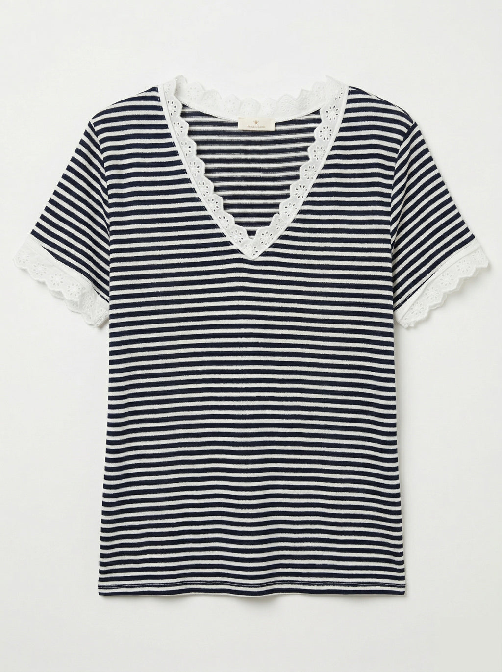 MYSVLNV Striped V-Neck Lace T-shirt Navy