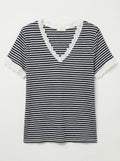 MYSVLNV Striped V-Neck Lace T-shirt Navy