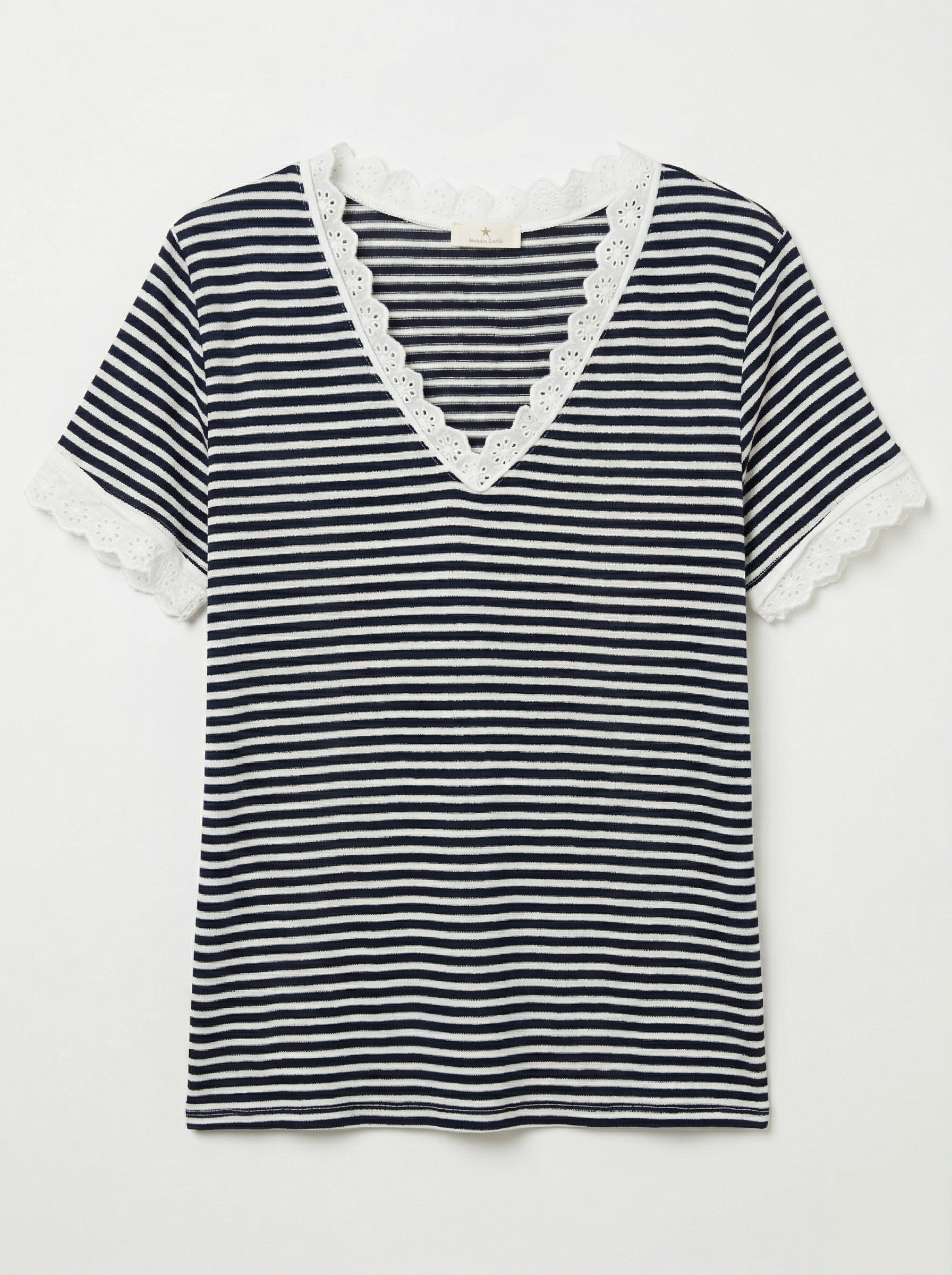 MYSVLNV Striped V-Neck Lace T-shirt Navy