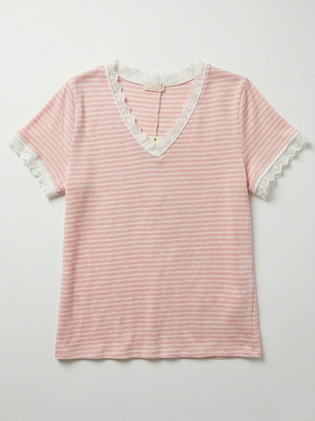 MYSVLPK Striped V-Neck Lace T-shirt Pink