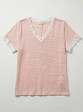 MYSVLPK Striped V-Neck Lace T-shirt Pink