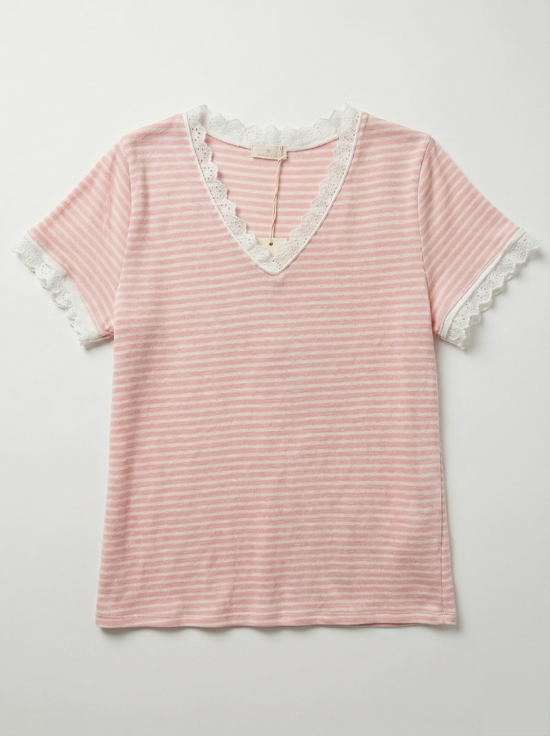 MYSVLPK Striped V-Neck Lace T-shirt Pink
