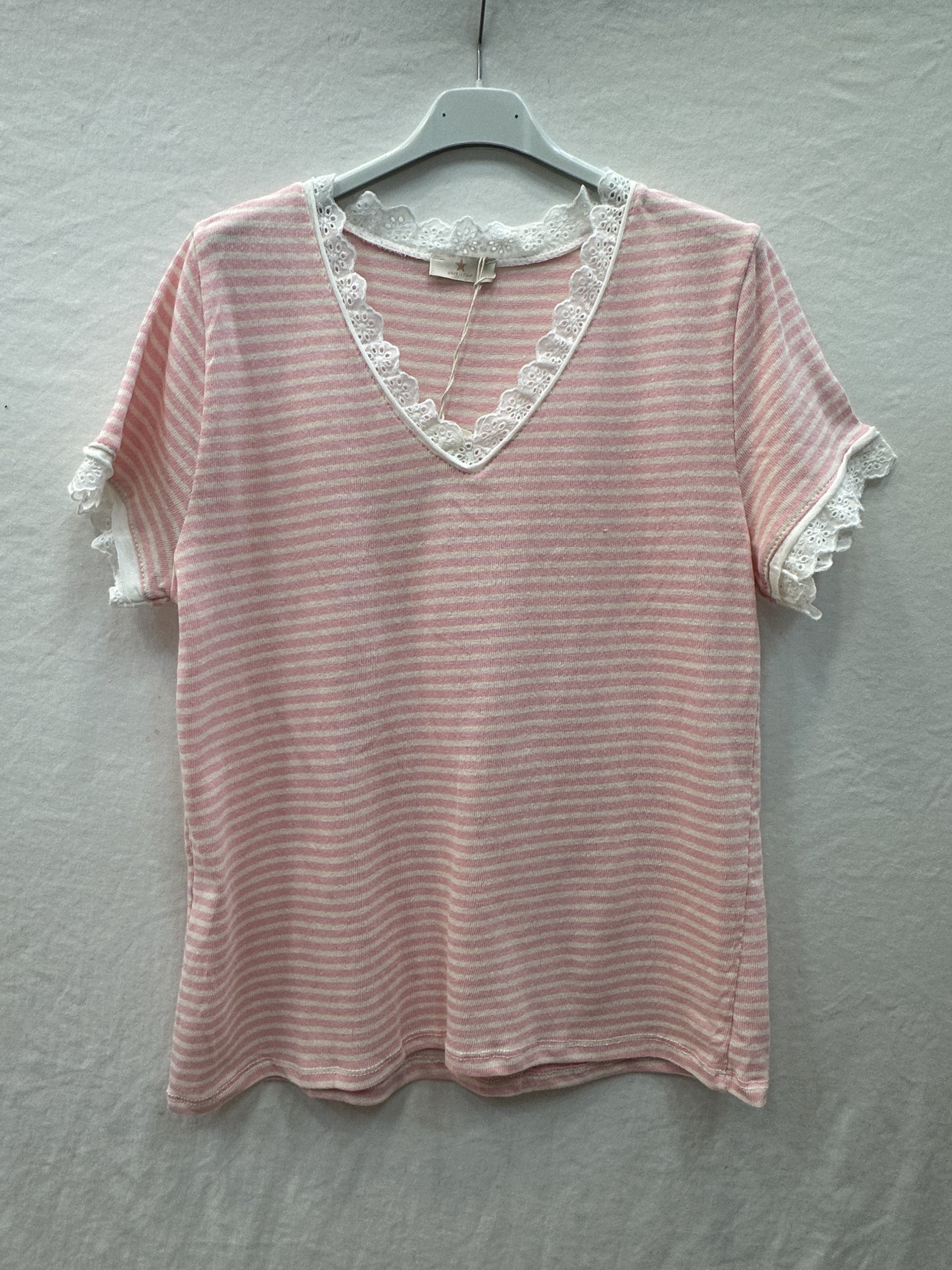 MYSVLPK Striped V-Neck Lace T-shirt Pink