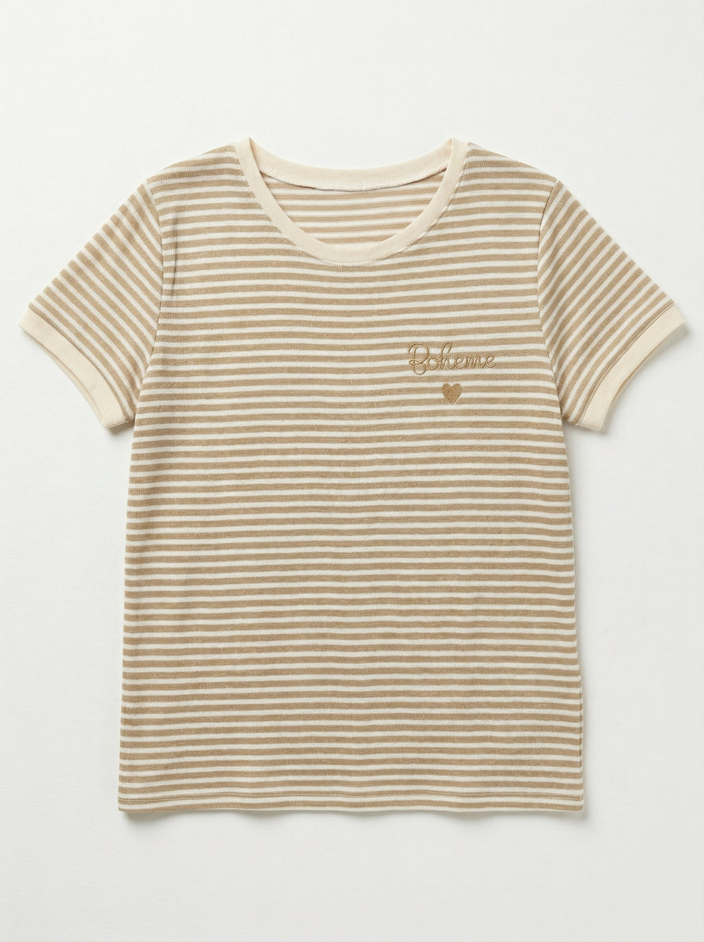 MYBESBG Bohemian Embroidery Striped T-shirt Beige